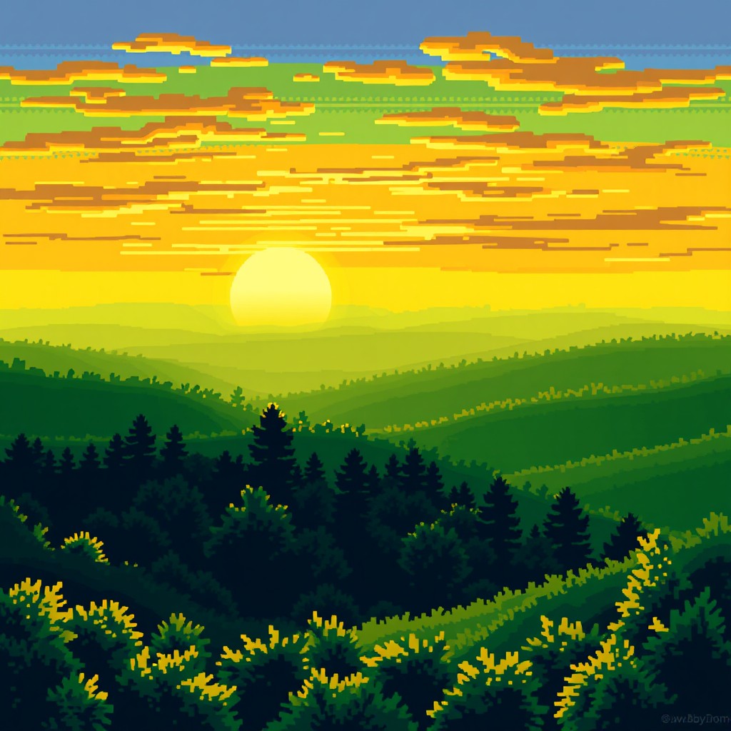 Pixel art wallpaper featuring a serene sunset over a lush forest, characterized by distinctly visible pixels and a soft, vibrant color palette