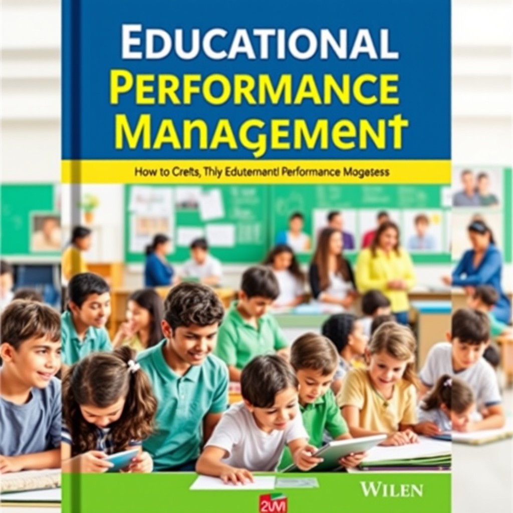 A book cover design for a title about educational performance management, featuring a vibrant school environment with students engaged in various learning activities