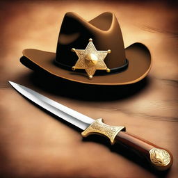 This is a high-quality digital art image featuring a sheriff's hat placed next to a sharp, gleaming dagger