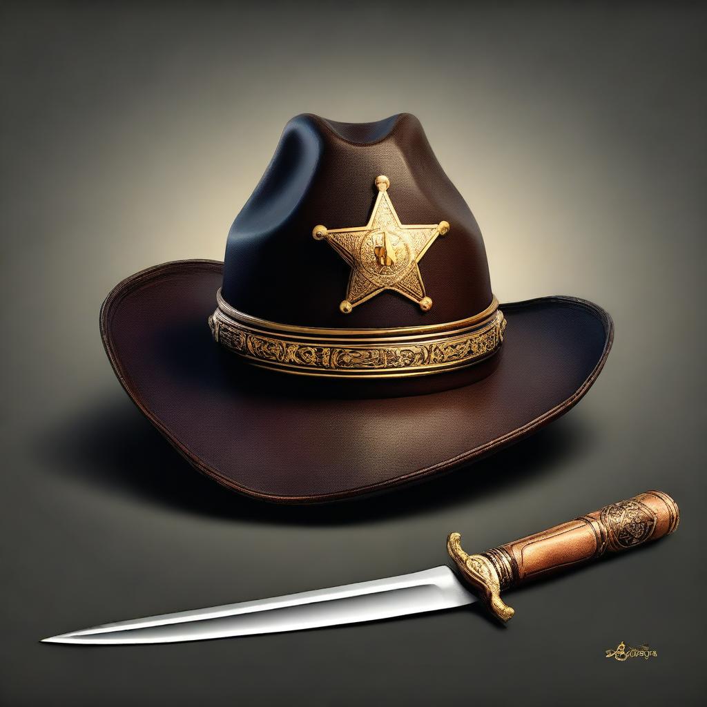 This is a high-quality digital art image featuring a sheriff's hat placed next to a sharp, gleaming dagger