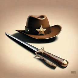 This is a high-quality digital art image featuring a sheriff's hat placed next to a sharp, gleaming dagger