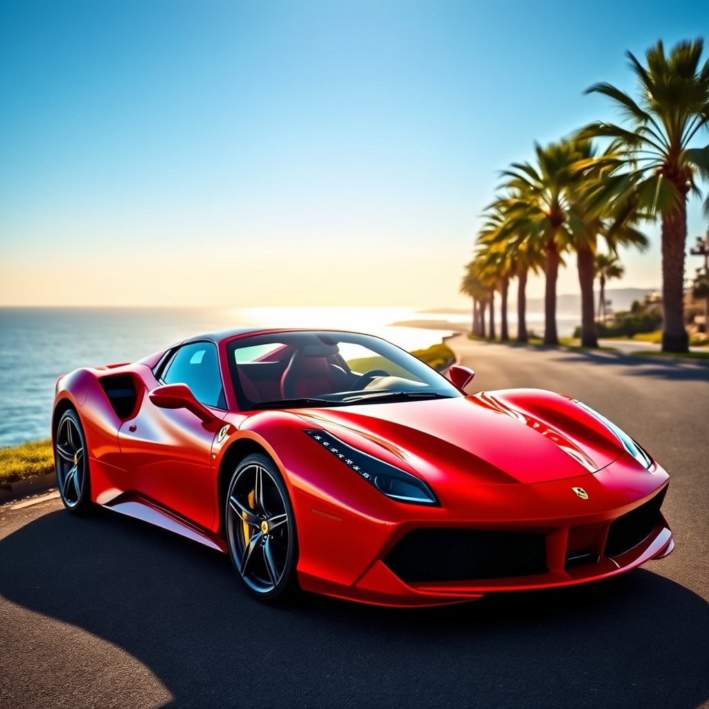 A stunning red Ferrari sports car parked elegantly on a coastal road, with breathtaking ocean views in the background