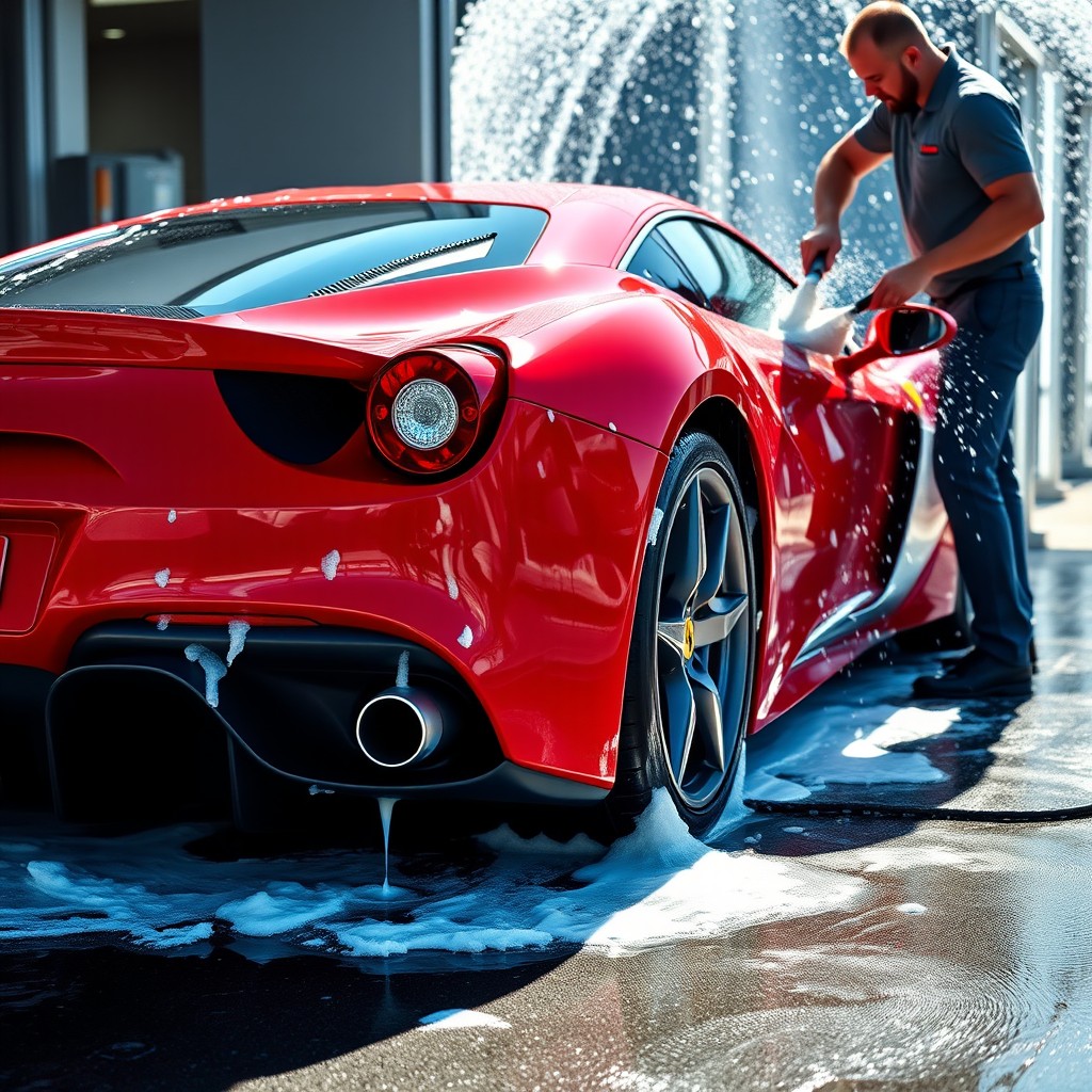 A vibrant red Ferrari being meticulously washed by a skilled detailer, with foam suds glistening on its smooth surface