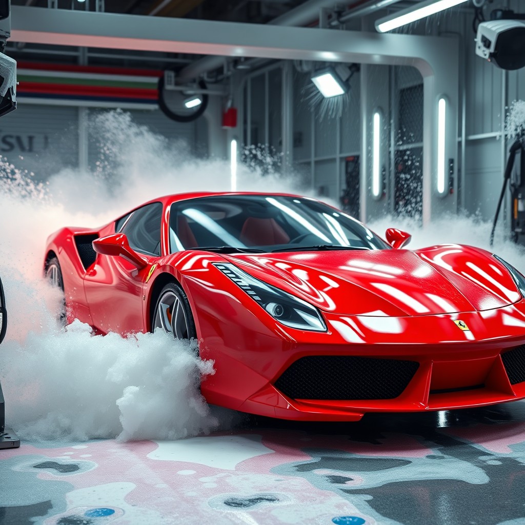 A vibrant red Ferrari entering a modern automated car wash, surrounded by colorful foam suds and water sprays