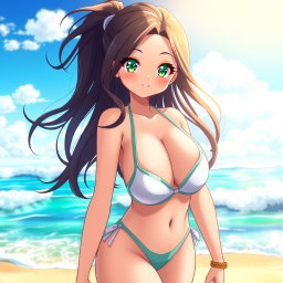 An anime girl with a slightly curvy body but not overly full, of Arab descent, featuring striking green eyes and proportions of 120/80/120