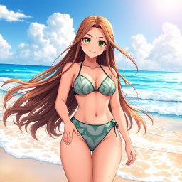 An anime girl with a slightly curvy body but not overly full, of Arab descent, featuring striking green eyes and proportions of 120/80/120