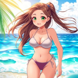 An anime girl with a slightly curvy body but not overly full, of Arab descent, featuring striking green eyes and proportions of 120/80/120