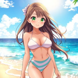 An anime girl with a slightly curvy body but not overly full, of Arab descent, featuring striking green eyes and proportions of 120/80/120