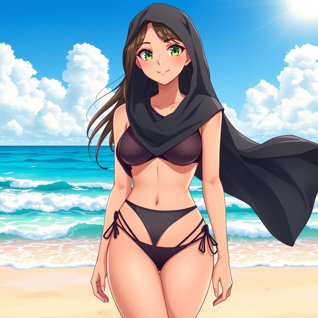 An anime girl with a slightly curvy body but not overly full, of Arab descent, featuring striking green eyes and proportions of 120/80/120