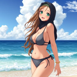 An anime girl with a slightly curvy body but not overly full, of Arab descent, featuring striking green eyes and proportions of 120/80/120