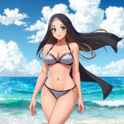 An anime girl with a slightly curvy body but not overly full, of Arab descent, featuring striking green eyes and proportions of 120/80/120