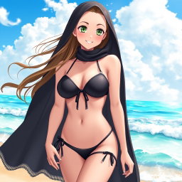 An anime girl with a slightly curvy body but not overly full, of Arab descent, featuring striking green eyes and proportions of 120/80/120