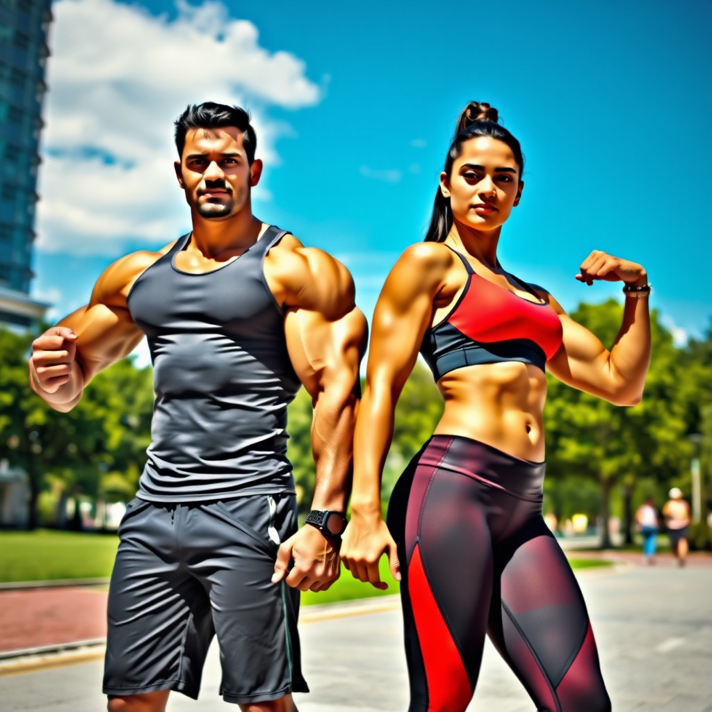 A muscular couple displaying their strength and fitness