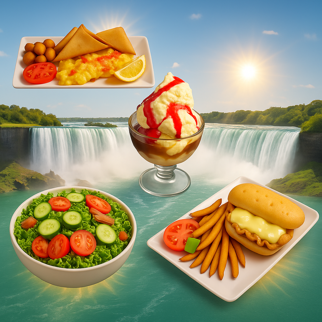 An impressive and vibrant scene showcasing a variety of delicious dishes against the stunning backdrop of Niagara Falls and a clear blue sky