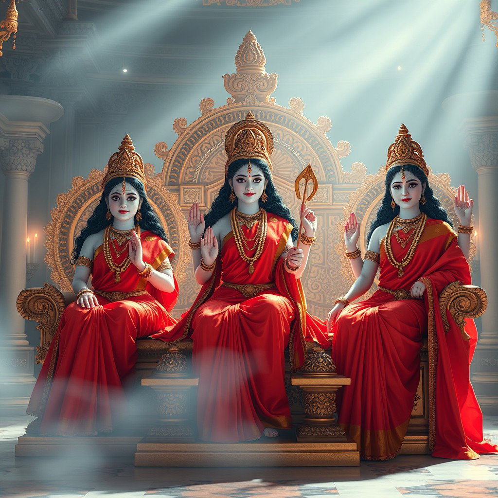 A captivating scene set in a divine palace in Swarglok, featuring three exquisite Hindu goddesses, known as 'devi', with breathtaking milk-glow skin