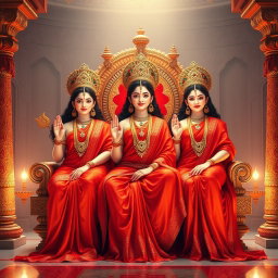 A captivating scene set in a divine palace in Swarglok, featuring three exquisite Hindu goddesses, known as 'devi', with breathtaking milk-glow skin