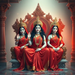 A captivating scene set in a divine palace in Swarglok, featuring three exquisite Hindu goddesses, known as 'devi', with breathtaking milk-glow skin