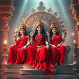 A captivating scene set in a divine palace in Swarglok, featuring three exquisite Hindu goddesses, known as 'devi', with breathtaking milk-glow skin