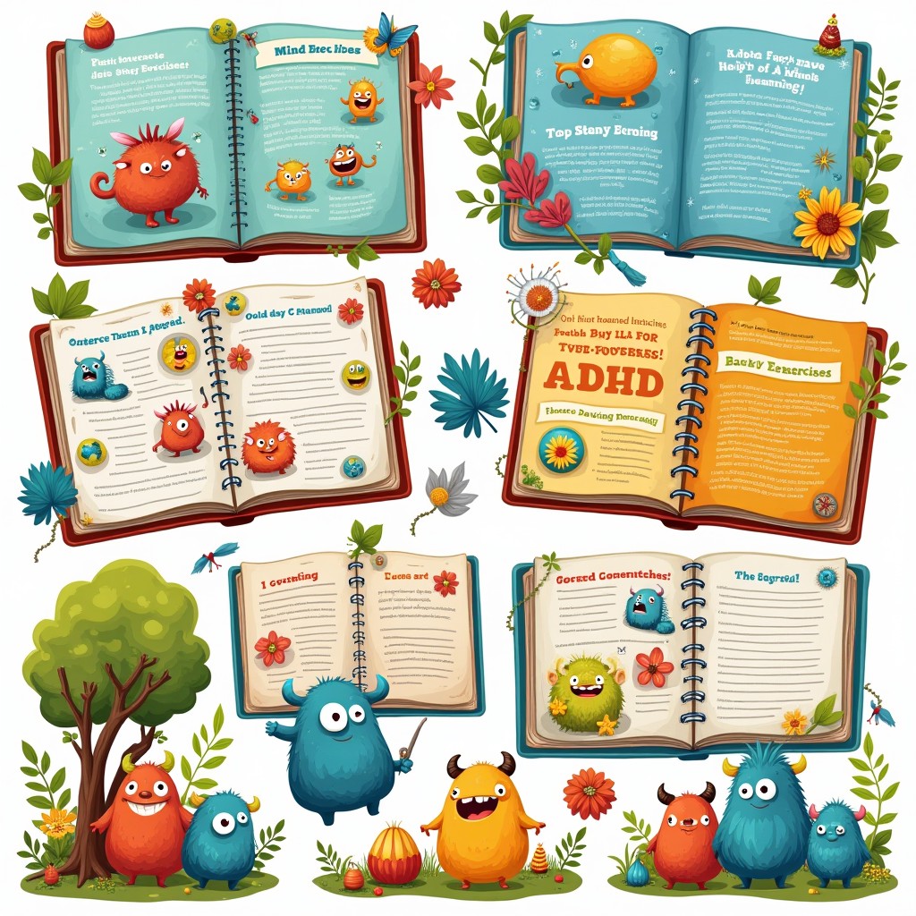 A colorful, engaging workbook designed specifically for children with ADHD, featuring vibrant illustrations, fun exercises, and interactive activities that promote focus and learning