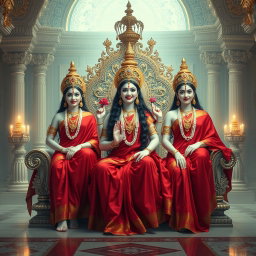 A breathtaking scene in a divine palace in Swarglok, featuring three enchanting Hindu goddesses known as 'devi', with beautiful milk-glow skin