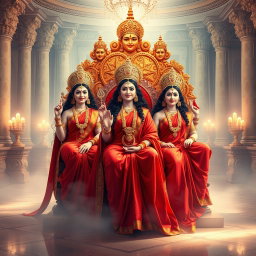 A breathtaking scene in a divine palace in Swarglok, featuring three enchanting Hindu goddesses known as 'devi', with beautiful milk-glow skin