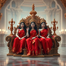 A breathtaking scene in a divine palace in Swarglok, featuring three enchanting Hindu goddesses known as 'devi', with beautiful milk-glow skin
