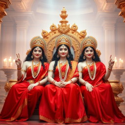A breathtaking scene in a divine palace in Swarglok, featuring three enchanting Hindu goddesses known as 'devi', with beautiful milk-glow skin