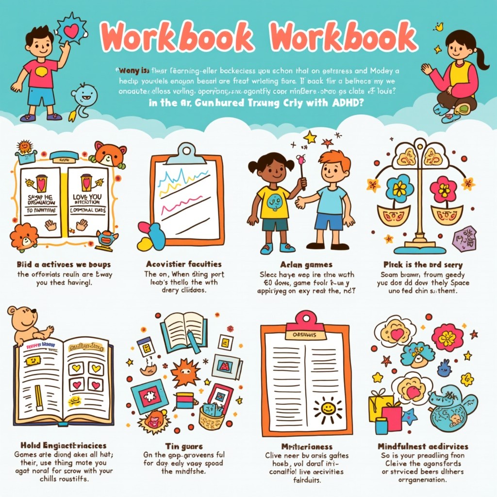 A creative and colorful workbook designed specifically for children with ADHD, featuring engaging activities that promote focus, organization, and mindfulness