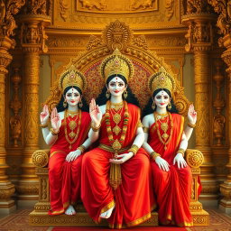 Three beautiful Hindu deities, with radiant milk-glow skin, dressed elegantly in vibrant red sarees