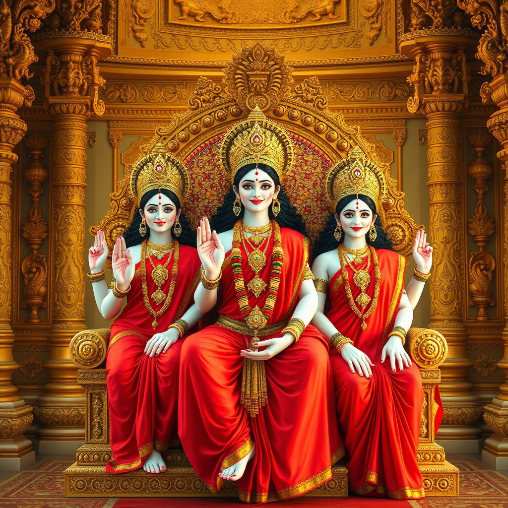 Three beautiful Hindu deities, with radiant milk-glow skin, dressed elegantly in vibrant red sarees