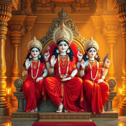 Three beautiful Hindu deities, with radiant milk-glow skin, dressed elegantly in vibrant red sarees