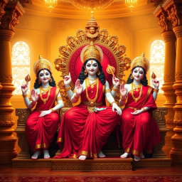 Three beautiful Hindu deities, with radiant milk-glow skin, dressed elegantly in vibrant red sarees