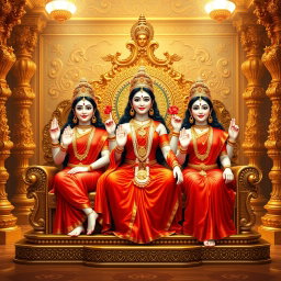 Three beautiful Hindu deities, with radiant milk-glow skin, dressed elegantly in vibrant red sarees