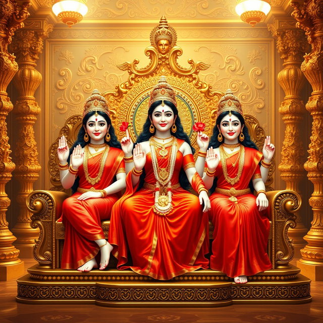 Three beautiful Hindu deities, with radiant milk-glow skin, dressed elegantly in vibrant red sarees