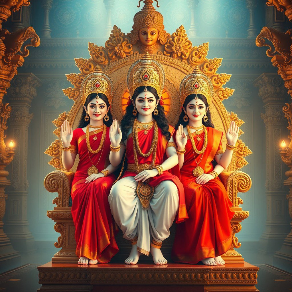 Three beautiful Hindu deities, with radiant milk-glow skin, are elegantly adorned in vibrant red sarees