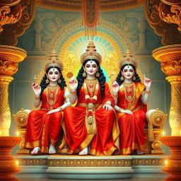 Three beautiful Hindu deities, with radiant milk-glow skin, are elegantly adorned in vibrant red sarees
