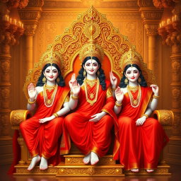 Three beautiful Hindu deities, with radiant milk-glow skin, are elegantly adorned in vibrant red sarees