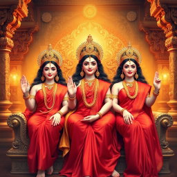 Three beautiful Hindu deities, with radiant milk-glow skin, are elegantly adorned in vibrant red sarees