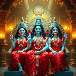 Three stunning Hindu deities, each with a beautiful face and radiant milk-glow skin, adorned in vibrant red sarees