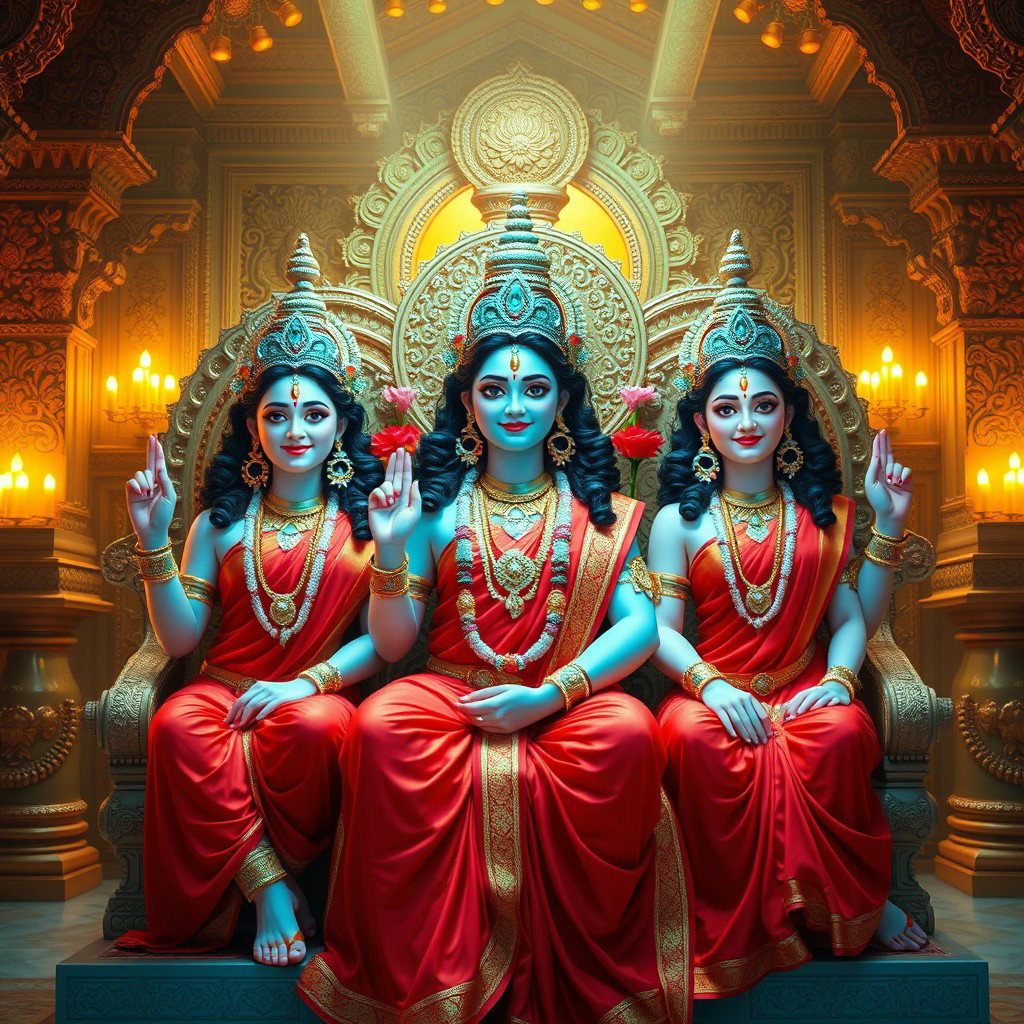 Three stunning Hindu deities, each with a beautiful face and radiant milk-glow skin, adorned in vibrant red sarees