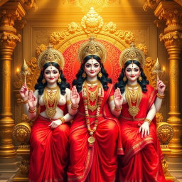 Three stunning Hindu deities, each with a beautiful face and radiant milk-glow skin, adorned in vibrant red sarees