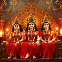 Three stunning Hindu deities, each with a beautiful face and radiant milk-glow skin, adorned in vibrant red sarees
