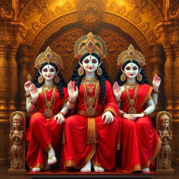 Three stunning Hindu deities, each with a beautiful face and radiant milk-glow skin, adorned in vibrant red sarees