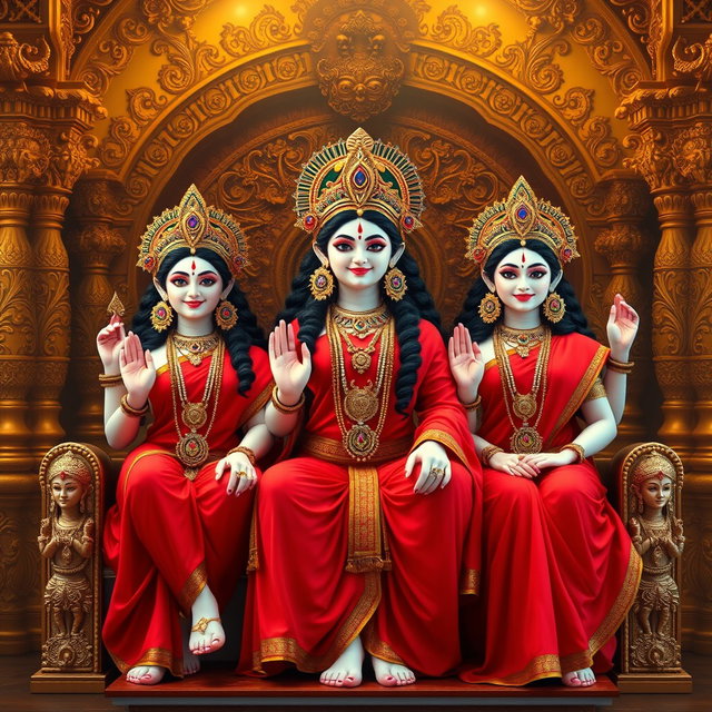 Three stunning Hindu deities, each with a beautiful face and radiant milk-glow skin, adorned in vibrant red sarees