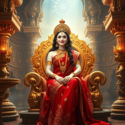 A stunningly beautiful Hindu Devi with a divine, glowing milk skin, wearing an intricately designed red saree