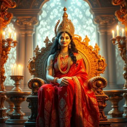 A stunningly beautiful Hindu Devi with a divine, glowing milk skin, wearing an intricately designed red saree