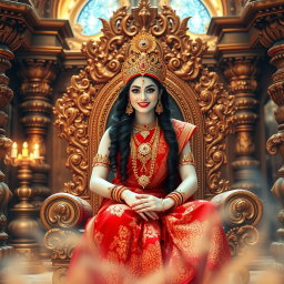 A stunningly beautiful Hindu Devi with a divine, glowing milk skin, wearing an intricately designed red saree