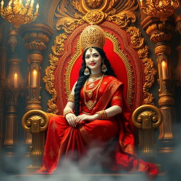 A stunningly beautiful Hindu Devi with a divine, glowing milk skin, wearing an intricately designed red saree