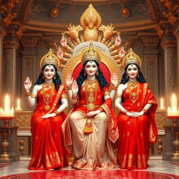 Three stunningly beautiful Hindu Devis, each with divine, glowing milk skin, elegantly adorned in intricately designed red sarees