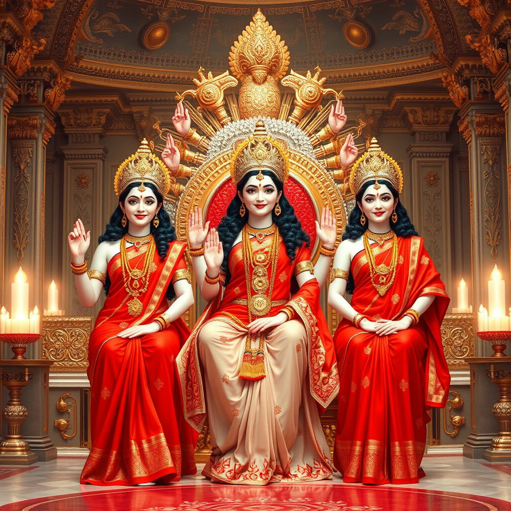 Three stunningly beautiful Hindu Devis, each with divine, glowing milk skin, elegantly adorned in intricately designed red sarees